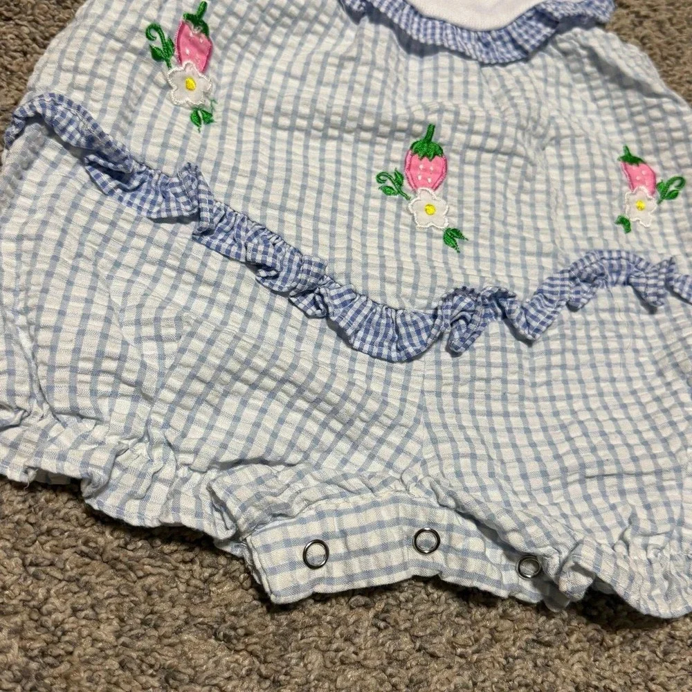 Vintage WeeFolks Baby Girl Romper 6/9M Strawberry Gingham Ruffle Bubble